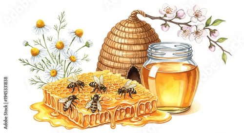 Watercolor illustration of honey honeycomb beehive and bees with flowers