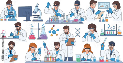 Laboratory Scientist Characters Collection Performing Chemistry Experiments with Microscope Test Tubes DNA Research and Medical Lab Work Vector Set