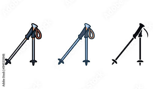 Set of trekking poles: colorful and monochrome variations on white background