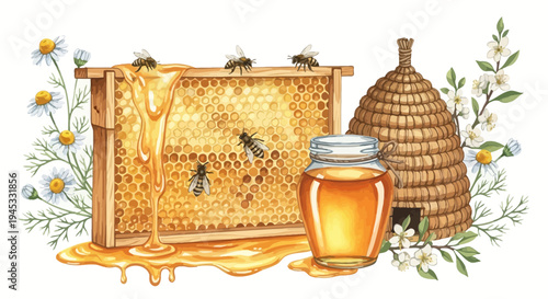 Watercolor illustration of honey honeycomb bees and beehive with floral elements