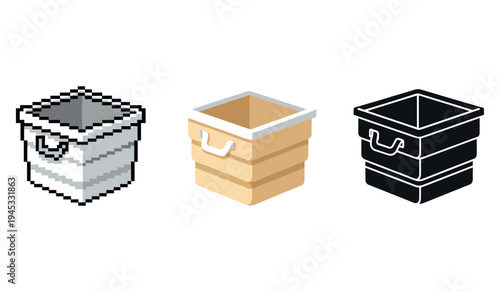 Isometric pixel art and monochrome storage boxes in 3 variations