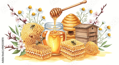 Watercolor illustration of honey honeycomb bees and floral elements