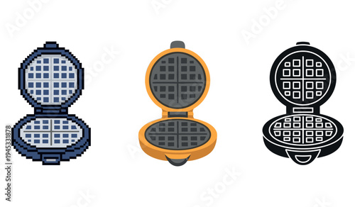 Pixel art and vector style waffle makers in blue and orange colors