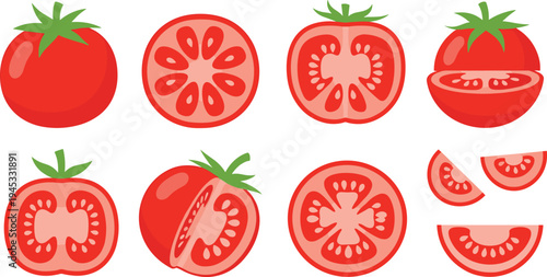 Fresh tomato vector illustration set with whole tomatoes, halves, slices and wedges isolated in flat style for healthy food, cooking and agriculture design