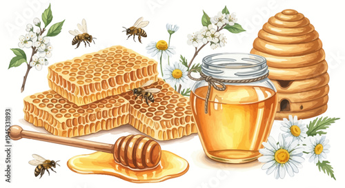 Watercolor illustration of honey honeycomb bees and flowers on white