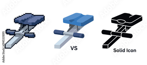 Pixelated, 3d, and solid icons of a gym bench for fitness apps