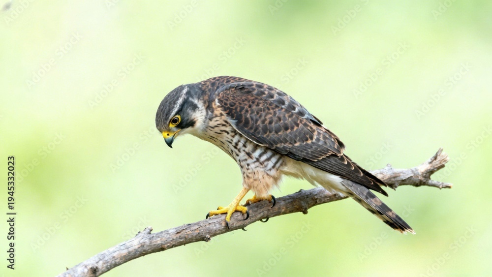 Fototapeta premium Amur Falcon Perched on Branch Looking Down in Natural Habitat