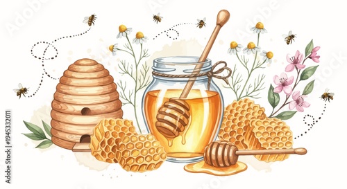 Watercolor illustration of honey jar beehives honeycombs and flying bees