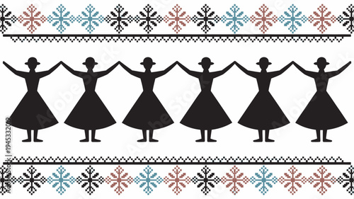 A group of women in traditional dresses dancing in a line with colorful floral patterns