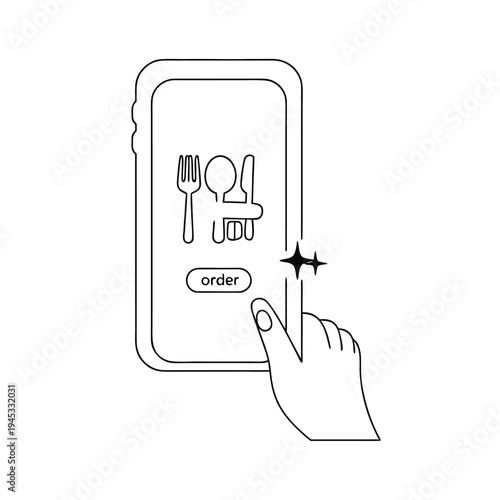Smartphone food delivery app concept with hand touching screen for ordering meal online illustration