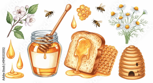 Watercolor illustration of honey jar bees flowers and honeycomb elements