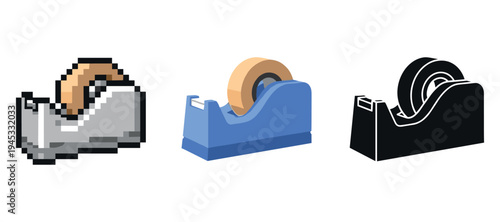 Diverse tape dispenser styles: pixel art, realistic, and silhouette designs