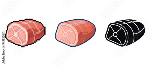 Three styles of ham: pixelated, cartoon, and silhouette versions showcased