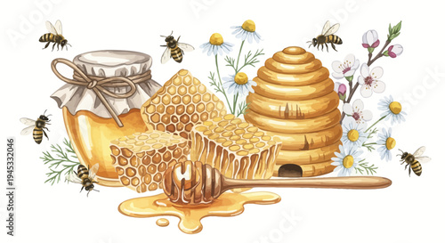 Watercolor illustration of honey jar honeycomb beehive with bees and flowers