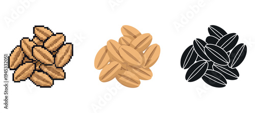 Pixel art and realistic grain illustration in three styles on white background