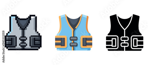 Pixelated, colorful, and silhouette life jackets on white background