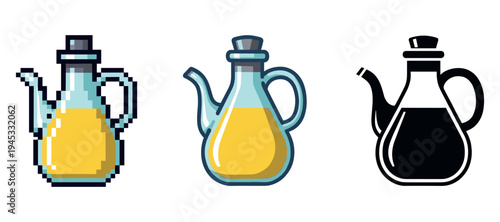 Pixel, cartoon, and silhouette oil jugs on white background