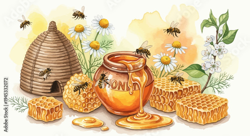 Watercolor illustration of honey pot beehive honeycomb and bees in garden