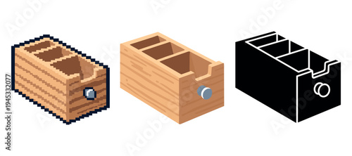 Wooden desk organizer icon with pixel and outline variations