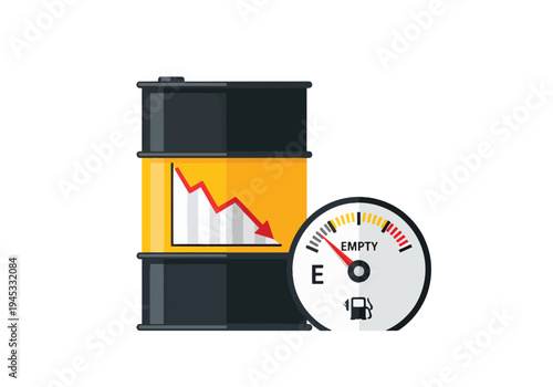 Oil barrel with graph and fuel gauge showing empty  energy crisis concept