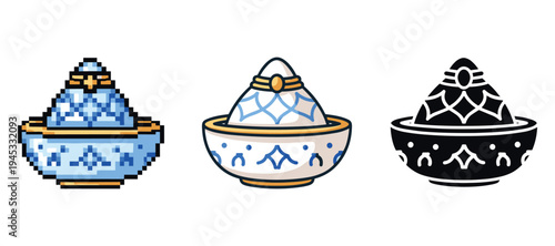 Pixel art and minimalist blue ceramic bowls with decorative patterns