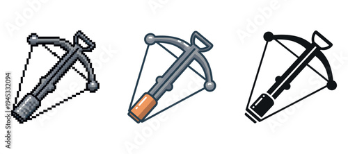 Pixel, 2d, and 3d crossbow icons on white background