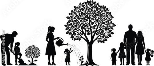 Family nurturing tree growth concept illustration showing parents and children planting watering and growing together symbolizing life development harmony future