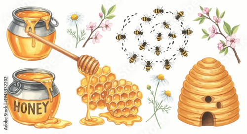 Watercolor illustration of honey products and bee elements for design