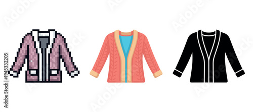 Pixel art, cartoon, and solid icons of cardigans