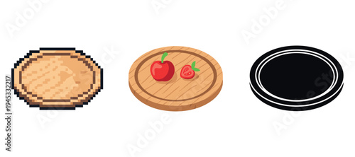 Three round pizza bases: pixel art, wooden with tomatoes, and black silhouette