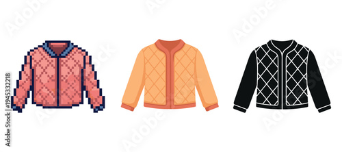 Three styles of quilted jackets: pixel art, orange, black and white illustrations