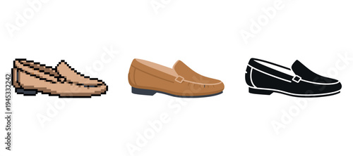 Evolution of loafers: pixel art, realistic, silhouette shoe designs