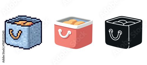 Pixel, 3d, and outline style ice bucket designs with handles