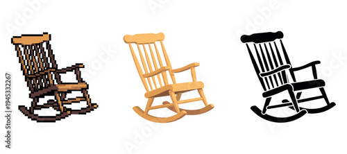 Pixelated, wooden, and silhouette rocking chairs on white background