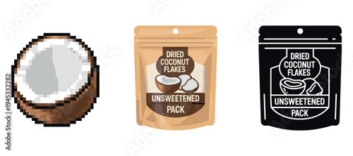 Pixelated coconut icon with unsweetened dried coconut flakes packaging design