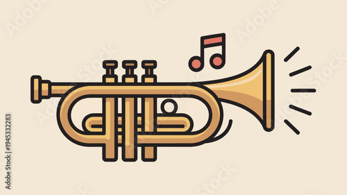 A cartoon illustration of a shiny trumpet with musical notes floating above it