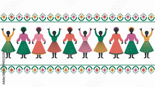 A vibrant illustration of women dancing in traditional attire with colorful floral patterns