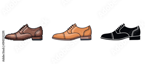 Pixel art, cartoon, and silhouette dress shoes in brown, orange, and black