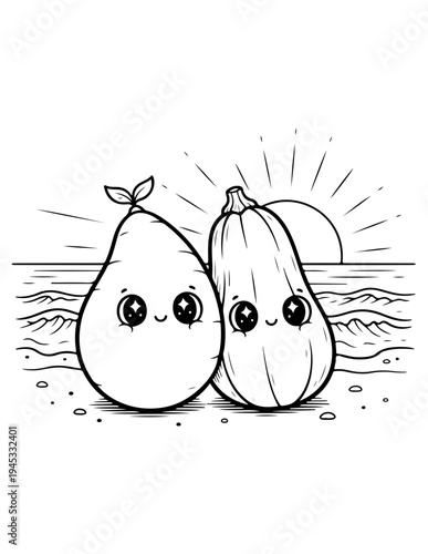 Vector illustration of smiling pear and eggplant cartoon characters
