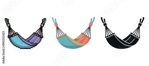 Pixelated, colorful, and silhouette hammock designs on white background