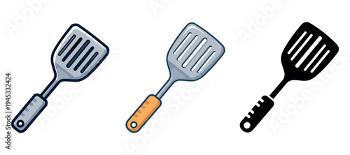 Set of three spatula icons with varied designs and handles on white background