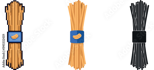 Pixel art pasta varieties: spaghetti, fettuccine, squid ink linguine
