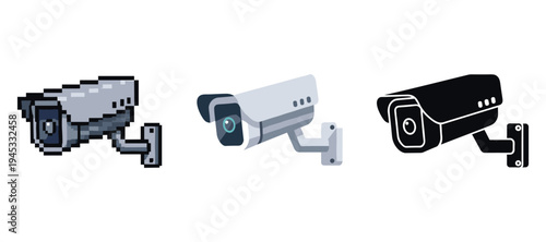Three styles of security cameras: pixel art, realistic, silhouette