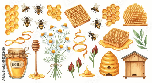 Watercolor illustration of honey related elements isolated on white background