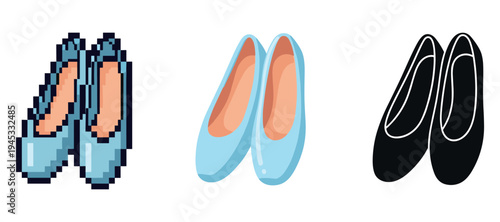 Three styles of ballet flats: pixel art, pastel blue, and classic black designs
