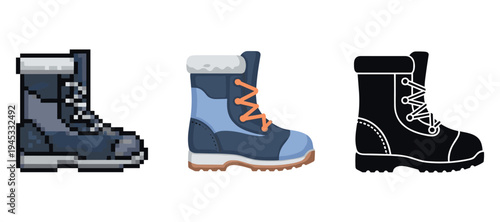 Diverse boot designs: pixelated, cartoon, and silhouette styles