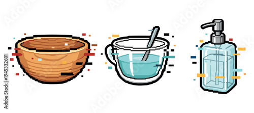 Pixel art kitchen utensils: wooden bowl, mixing cup, soap dispenser in glitch style. Not editable stroke