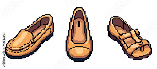 Retro pixel art of three brown loafers, ballet flats, and sandals. Not editable stroke