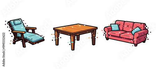 Modern furniture set: chair, table, sofa with cushions and pixel art style. Not editable stroke