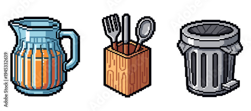 Pixel art kitchen items: juice jug, utensil holder, trash can. Not editable stroke
